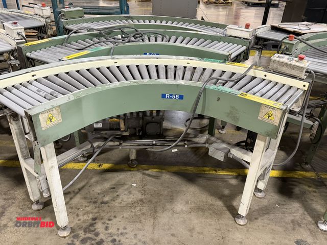 Lot 1-5312 - Set of (3) 15" width x approx. 5' length curved power roller conveyor sections, 3 phase electric mot...