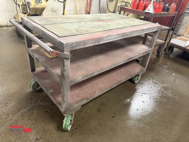 Lot 1-6505 - (1) heavy duty 3-tier shop table, 54.5" x 30" x approx. 33 3/4" tall, and Albion 6" caster wheels.