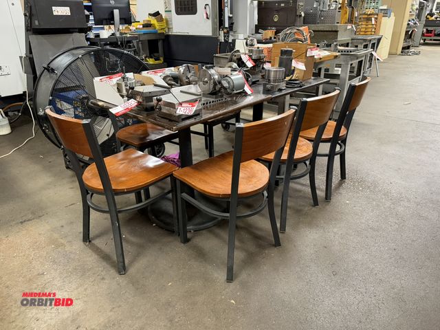 Lot 1-12553 - Lot of (2) 30" width x 29.5" height x 30" depth tables with single steel base and wood top, and (6) ...