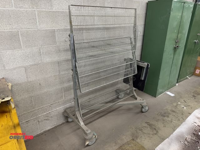 Lot 1-17233 - (1) approx. 44" width x 55" height x 24" depth steel framed cart with 24" deep folding wire shelves,...