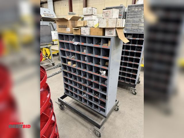 Lot 1-15223 - (1) 72-slot metal parts organizer (on rolling frame), 35" wide x 12" deep x 42.5" tall,  with conten...