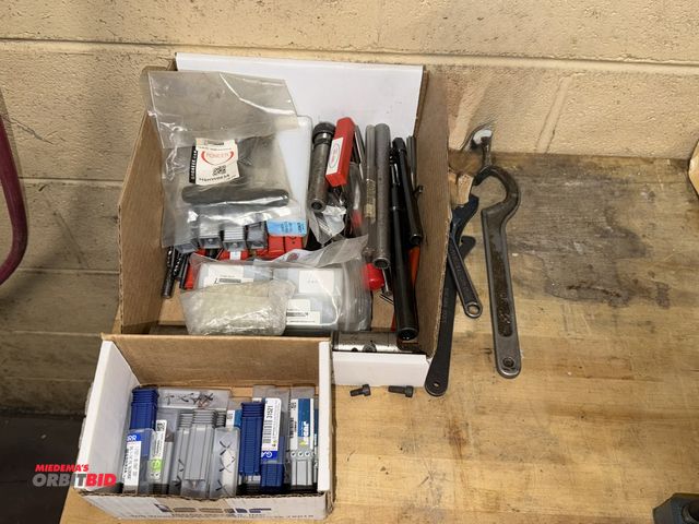 Lot 1-11059 - Lot of assorted tooling, includes various new and used end mills, (1) 6" adjustable wrench, (1) bori...