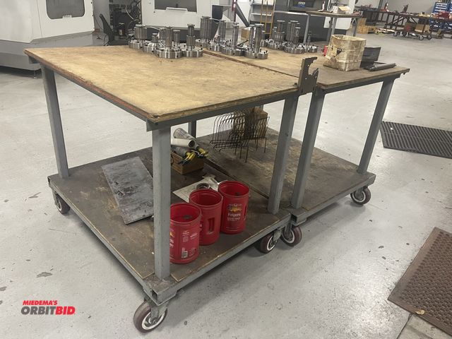 Lot 1-19311 - Lot of (3) heavy duty steel shop carts with wood tops, 48" x 36" (1 with Cat 40 tool holder), does n...