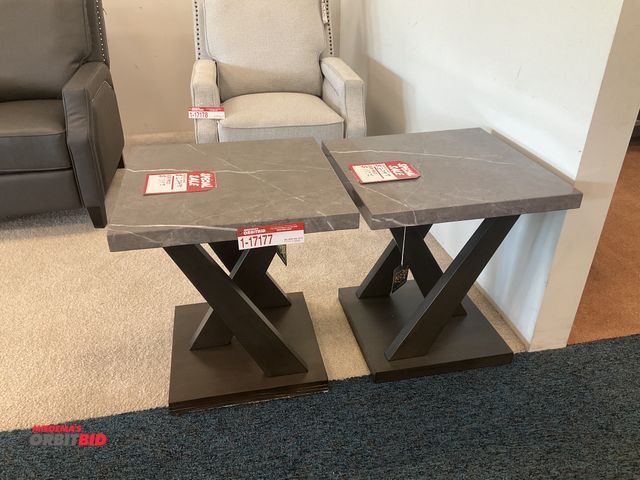 Lot 1-17177 - (2) Marble design end tables. Measure 22” by 22” by 24” tall