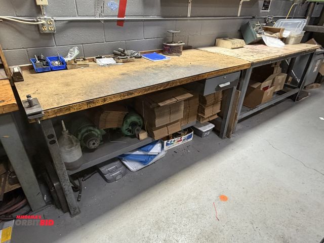 Lot 1-18801 - (2) work benches, each is 72" length x 30" depth x 34" height, 1 table with 1.5" thick butcher block...