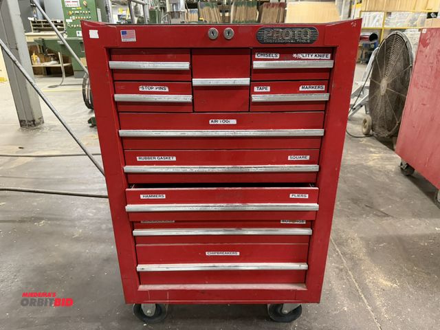 Lot 1-16921 - (1) Proto rolling tool chest, 27" x 18" x 40" tall, with assorted tape, tape measures, air tools, ha...