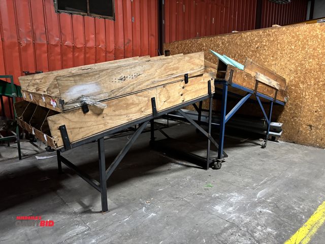 Lot 1-14396 - (2) Approx. 60" width x 84" depth Tilted steel framed tables with (2) four section custom built wood...