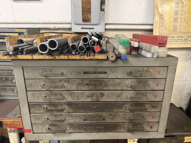 Lot 1-6385 - (1) 6-drawer metal parts bin filled with assorted number drills, pipe taps, American dies, tap and d...
