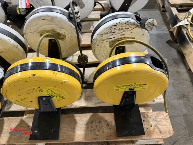 Lot 1-5337 - Lot of (2) custom made steel, 20" long retractable cord reel mounts with (4) various 30' retractable...