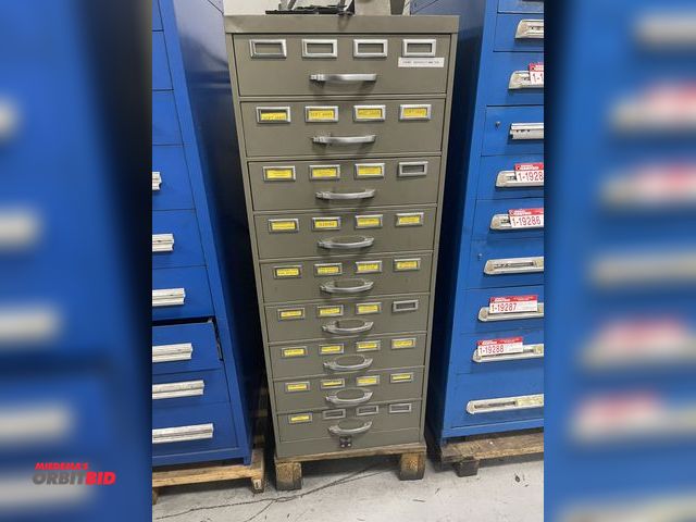 Lot 1-19289 - (1) 9-drawer metal parts cabinet, 20 1/4" wide x 28.5" deep x approx. 52" tall, includes large assor...