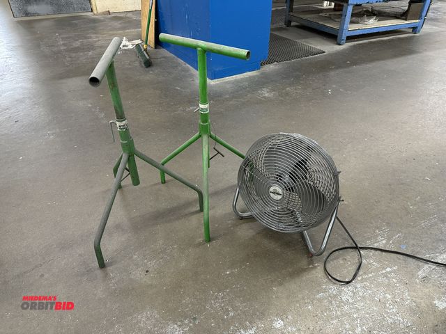 Lot 1-17725 - Lot of (2) 15.5" wide adjustable height steel stands, and (1) Patton, approx. 16" diameter air circu...