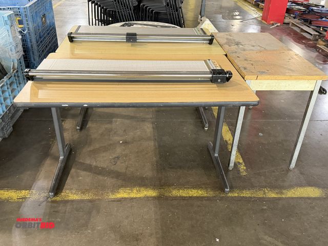 Lot 1-5259 - Lot of (2) matching 48" length x 29" height x 29.5" depth steel framed tables with wood composite/la...