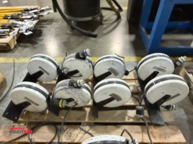 Lot 1-5336 - Lot of (4) custom made steel, 20" long retractable cord reel mounts with (8) various 30' retractable...