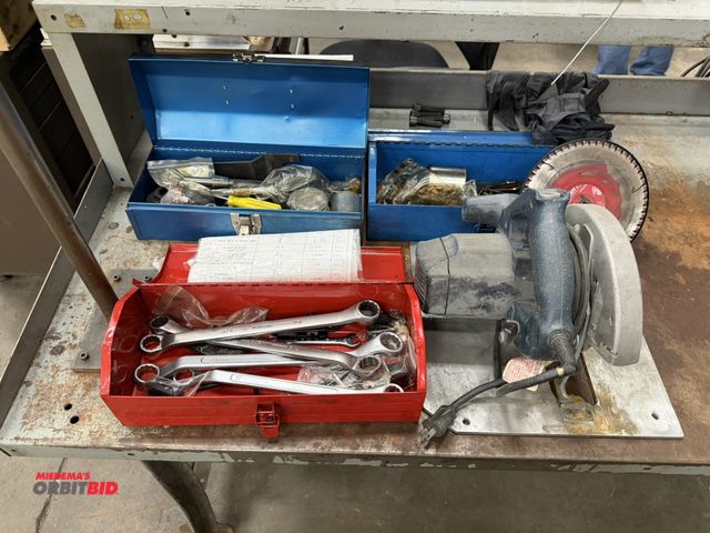 Lot 1-15165 - (1) Bosch 7 1/4" circular saw (mounted to a 12" x 12" custom made aluminum plate), assorted wrenches...