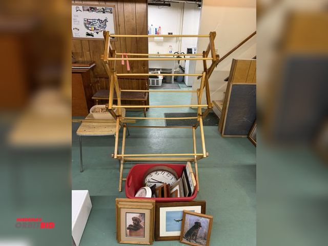 Lot 1-12179 - (1) collapsible wood drying garment rack, assorted picture frames, and clocks.