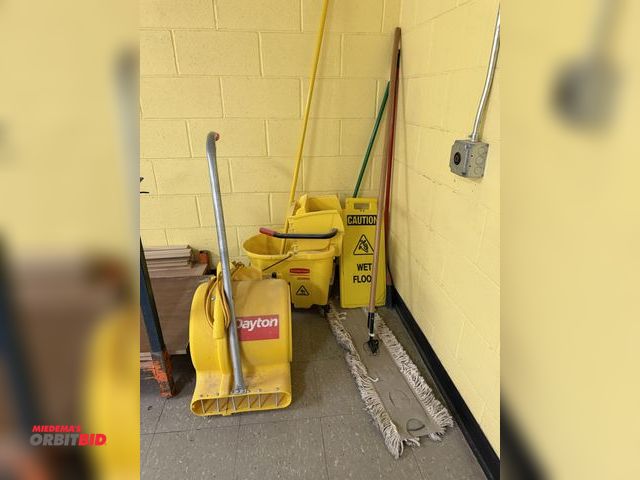 Lot 1-16783 - (1) Dayton floor fan, 120V, Rubbermaid mop bucket, Caution Wet Floor sign, dust mop and standard mop...
