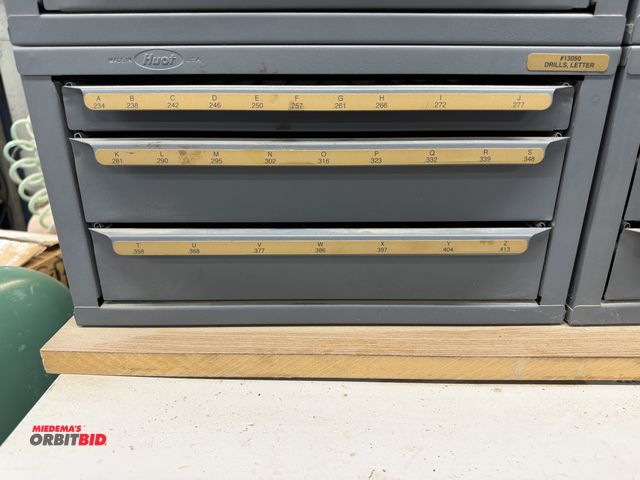 Lot 1-16808 - (1) Huot 3-drawer drill indexer, includes assorted metric drill bits, sizes .234 up to .413.