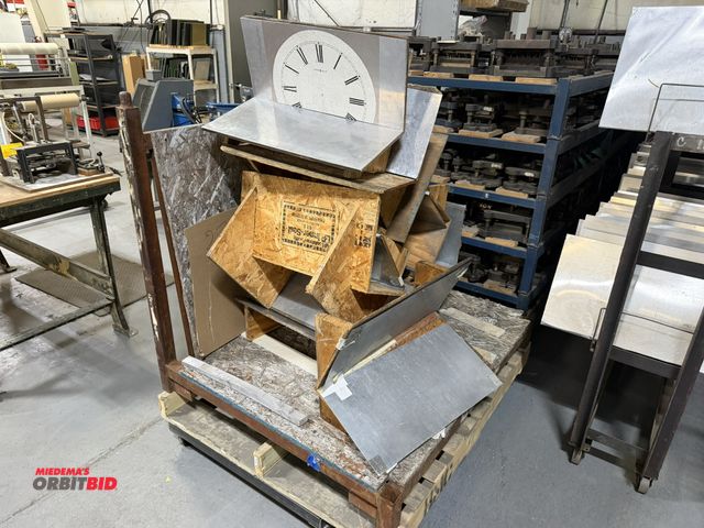 Lot 1-18958 - (1) steel shipping rack, 42" x 48" x 5.5" tall, includes assorted custom built wood, cut sheet stora...