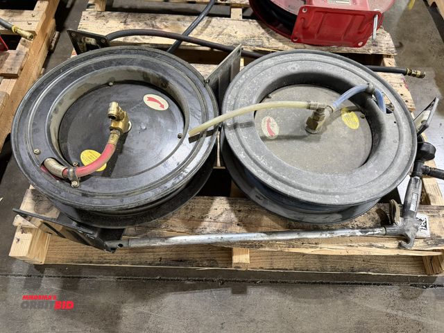 Lot 1-5544 - Lot of (2) make and model unknown retractable air hose reels with hose, and 24" nozzle.