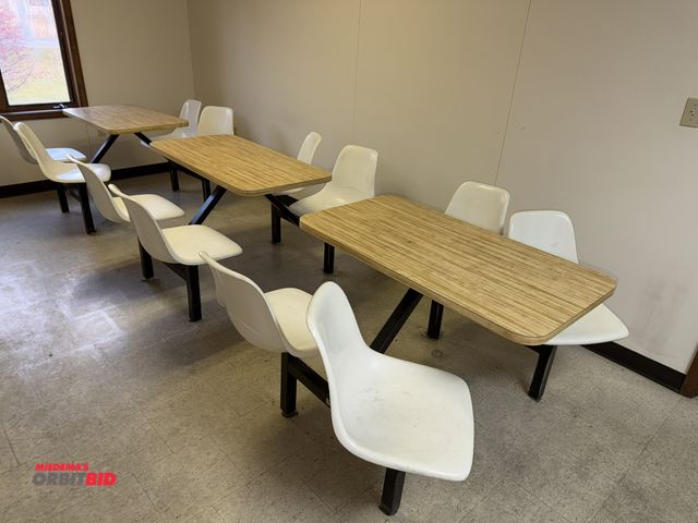 Lot 1-18926 - Lot of (3) 4-seat cafeteria style tables with metal frames and wood tops, 44" length x 24" depth, an...