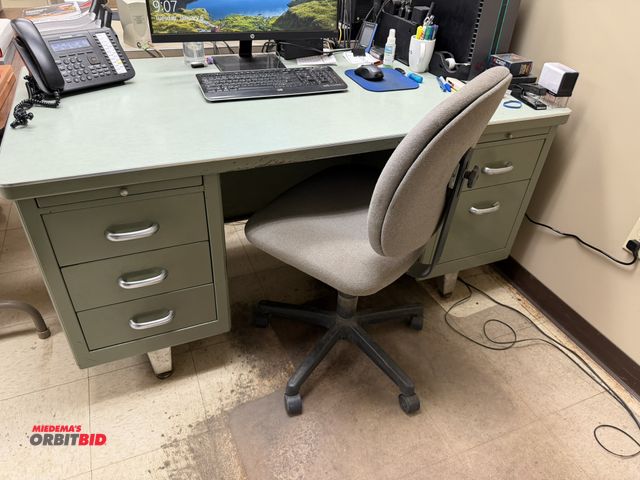 Lot 1-14543 - Lot including (1) 59.5" width x 29.5" height x 30.5" depth steel framed desk with 5 drawers, (1) 60"...