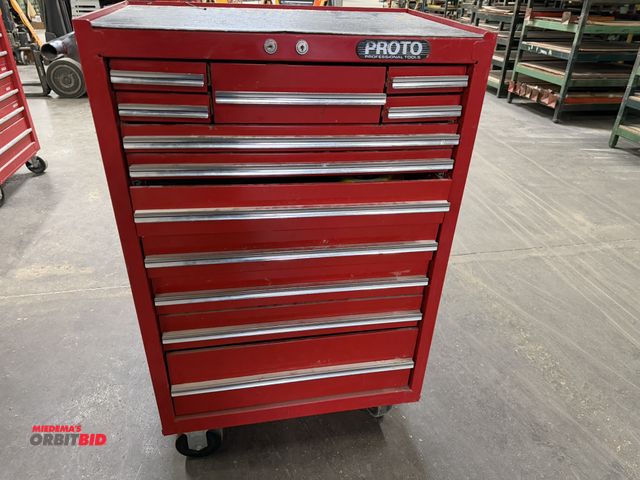 Lot 1-16919 - (1) Proto rolling tool chest, 27" x 18" x 40" tall, with assorted sanding items, sandpaper, weather ...