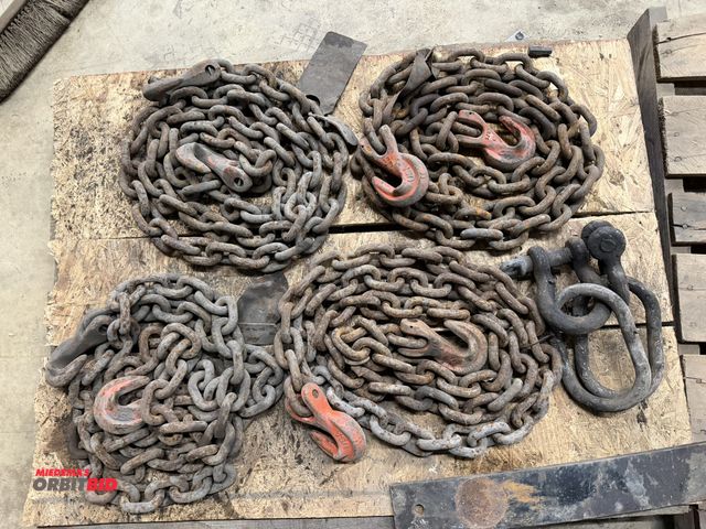 Lot 1-1474 - (3) various approx. 15' lengths of chain with 1/2" hooks on either end, and (1) set of shackles with...