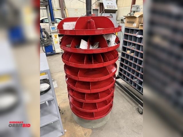 Lot 1-15222 - (1) 8-tier lazy Susan style parts rack, 66" tall, includes assorted socket head cap screws, washers,...