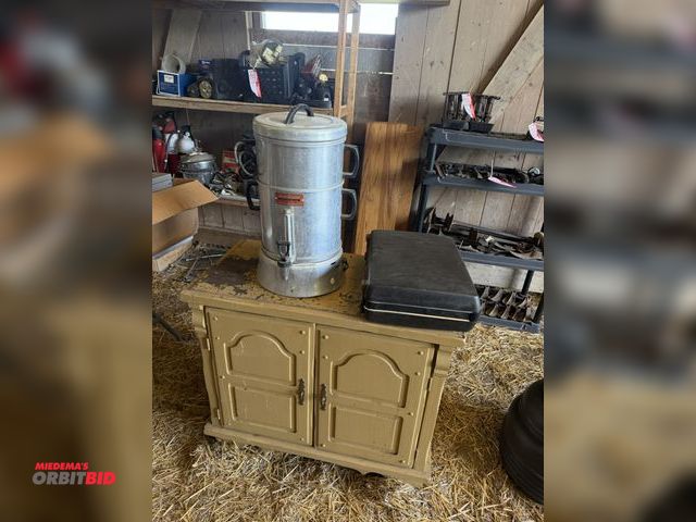 Lot 1-8531 - (1) Dripolator 100-cup coffee maker, (1) Samsonite Dispatch Briefcase, and (1) vintage 2-door wood c...