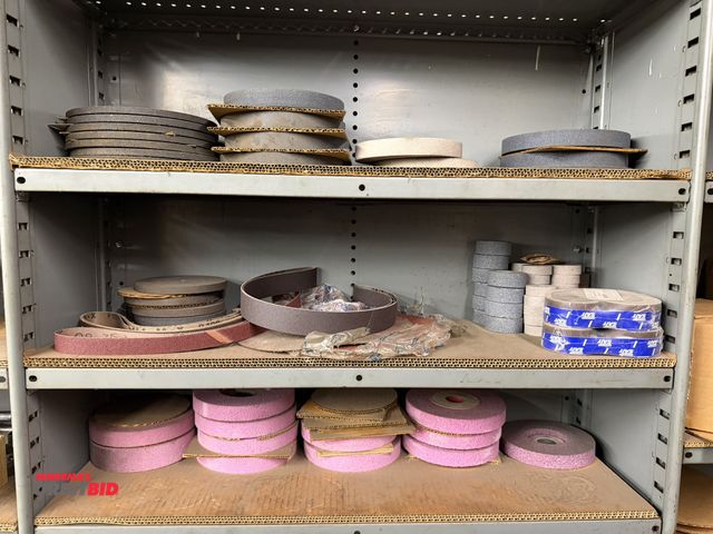 Lot 1-1827 - Entire contents of 3 shelves shown in photos, includes approx. (10) Radiac 7" x 1" x 1 1/4" stone gr...