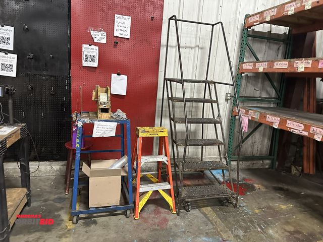 Lot 1-14402 - (1) 6-step rolling safety ladder (wheels need to be replaced), (1) Werner 2-step folding fiberglass ...