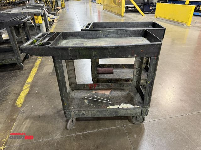 Lot 1-5383 - (2) 40" width x 33" height x 18" depth Rubbermaid type shop carts with lower shelf, (both covered in...