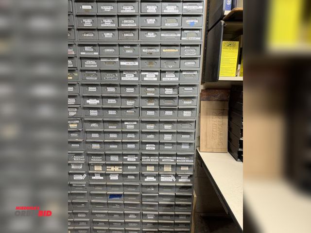 Lot 1-16374 - Lot of (7) 33.5" width x 10.5" height x 12" depth steel hardware storage units with 18 removable ste...