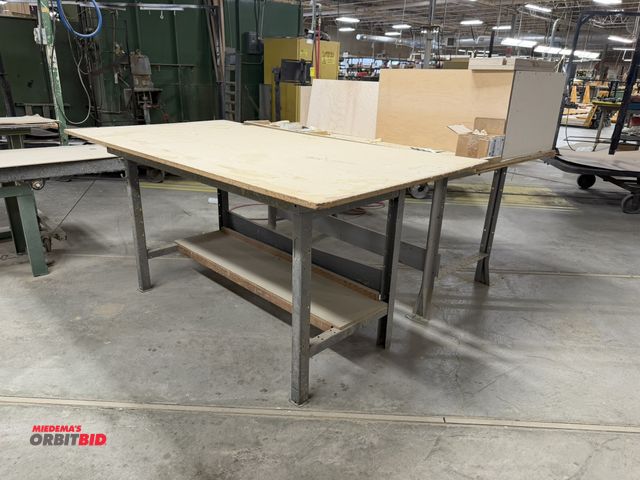 Lot 1-16409 - Lot of (2) steel frame tables with wood tops, 60" x 30" with custom wood tops.