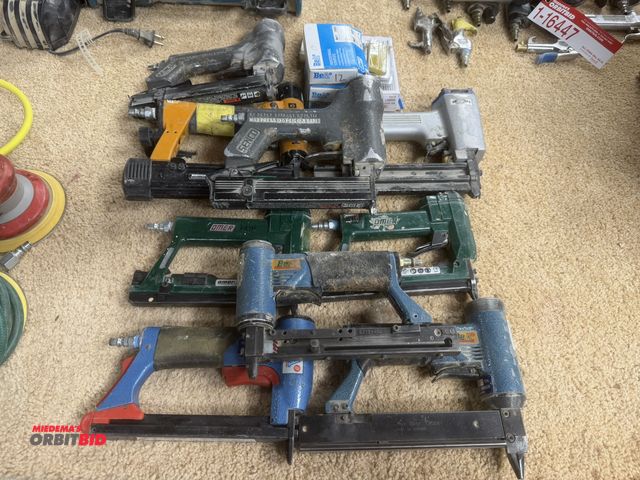 Lot 1-16448 - Lot of 9 assorted pneumatic nailers, includes (2) Omer, (1) Bostitch, model HP118, (2) Senco, (3) BE...