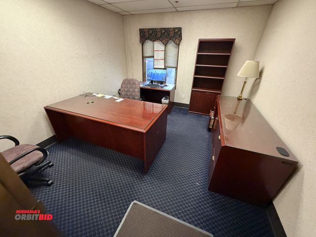 Lot 1-15534 - Contents of office furniture, includes (1) wood desk with glass top, 71" x 36", (1) wood credenza wi...