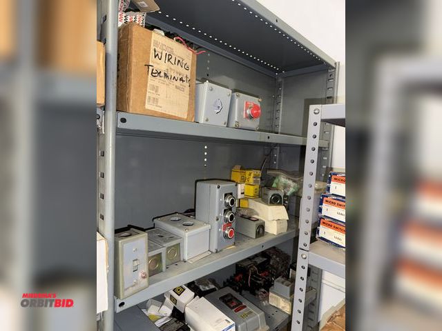Lot 1-6417 - Contents of shelf, includes large assortment of push button style boxes, resets, Square-D padlock at...