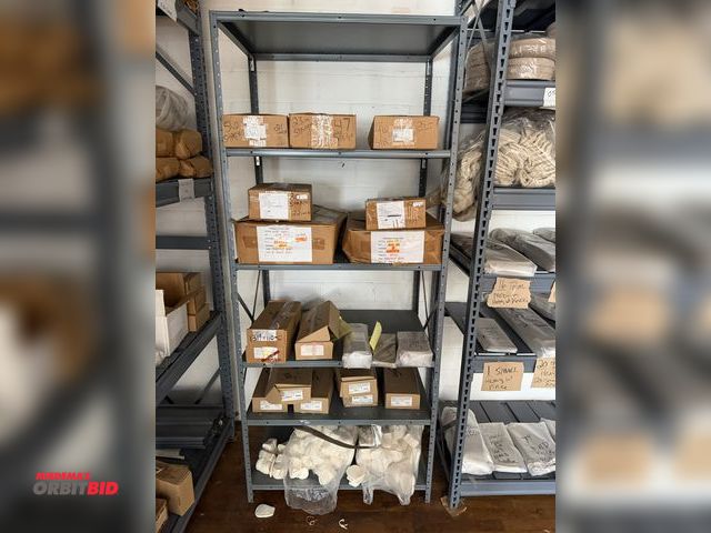 Lot 1-4756 - (1) metal shelving unit, 36" wide x 24.5" deep x 85" tall, with contents of assorted length straps, ...