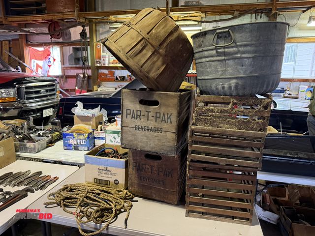 Lot 1-12320 - Lot of (2) Par-T-Pak beverage vintage wood baskets, galvanized buckets, assorted rope, and bungee co...