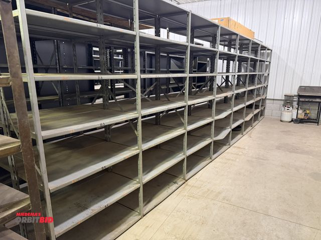 Lot 1-15088 - Large lot of bolt together steel shelving units, includes (1) 293" long x 86" tall x 36" deep sectio...