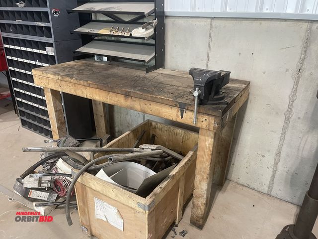 Lot 1-18768 - (1) Bessey 6" bench mounted vise with 60" wood table, includes Honda motor, and walk behind saw part...