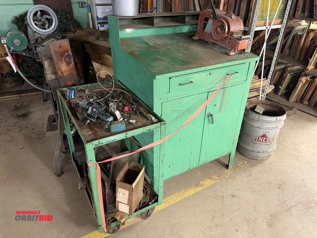 Lot 1-18512 - (1) foreman's desk, 34.5" wide x 30" deep x 43" height, includes rolling shelf, Tape Shooter, model ...