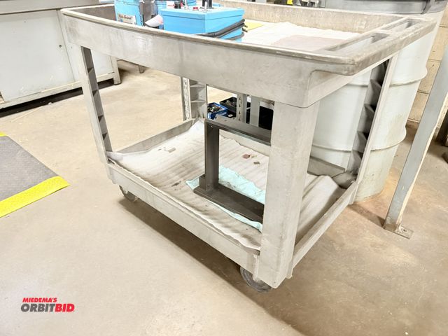 Lot 1-12400 - (1) Rubbermaid, 40" length x 33" height x 25.5" depth, 2-tier resin shop cart, contents not included...