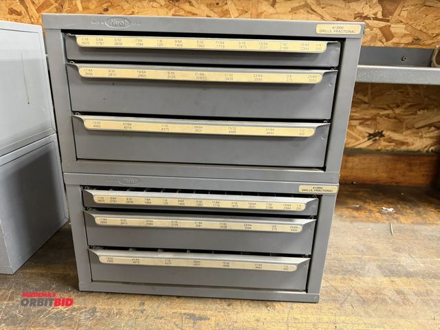 Lot 1-1931 - (2) Huot 14 3/4" width x 7.5" height x 7" depth  3-drawer drill storage units with assorted fraction...