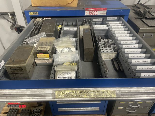 Lot 1-19291 - Contents of drawer #1, includes assorted stamps, hex head wrenches, woodruff keys, and more.