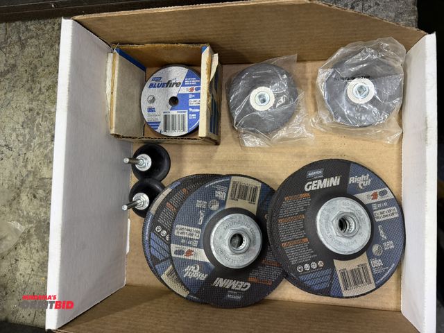 Lot 1-10131 - Lot including (6) new Gemini RightCut, 5" x .045" x 5/8" - 11 grinding wheels, (2) 1 3/4" drill type...