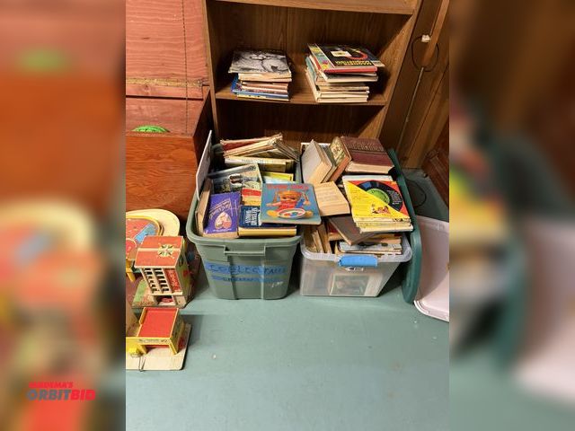 Lot 1-12167 - Large lot of assorted books, children's books, animal books, includes wooden book shelf, 30" wide.