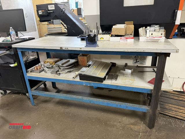Lot 1-11079 - (1) 72.5" width x 38" height x 30" depth steel framed shelving unit, with wood composite/laminate sh...