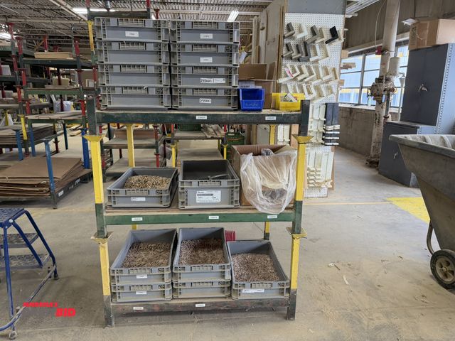 Lot 1-16174 - Lot of (3) 35.5" x 10" height x 48.5" depth stackable steel racks with (5) various sized plastic tot...