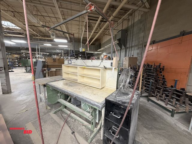 Lot 1-16469 - (1) adjustable down flow work station table, 72" x 30", includes 3-drawer file cabinet, overhead wor...